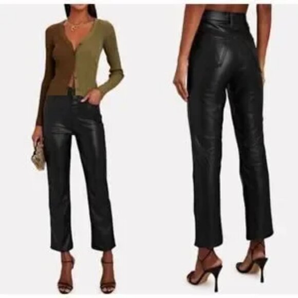Women Mother Black High Waist Rider Ankle Wax On Wax Off Pu Faux Leather Pant 27 - Picture 1 of 16